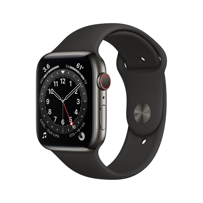 Apple Watch Series 6 GPS + Cellular, 44mm in acciaio inossidabile color grafite con cinturino Sport Nero