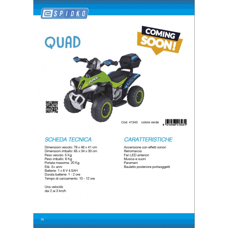 E-Spidko Quad elettrico 6V 4.5AH colore verde, mis. 79 x 46 x 41 cm, accensione con effetti sonori, retromarcia, fari LED