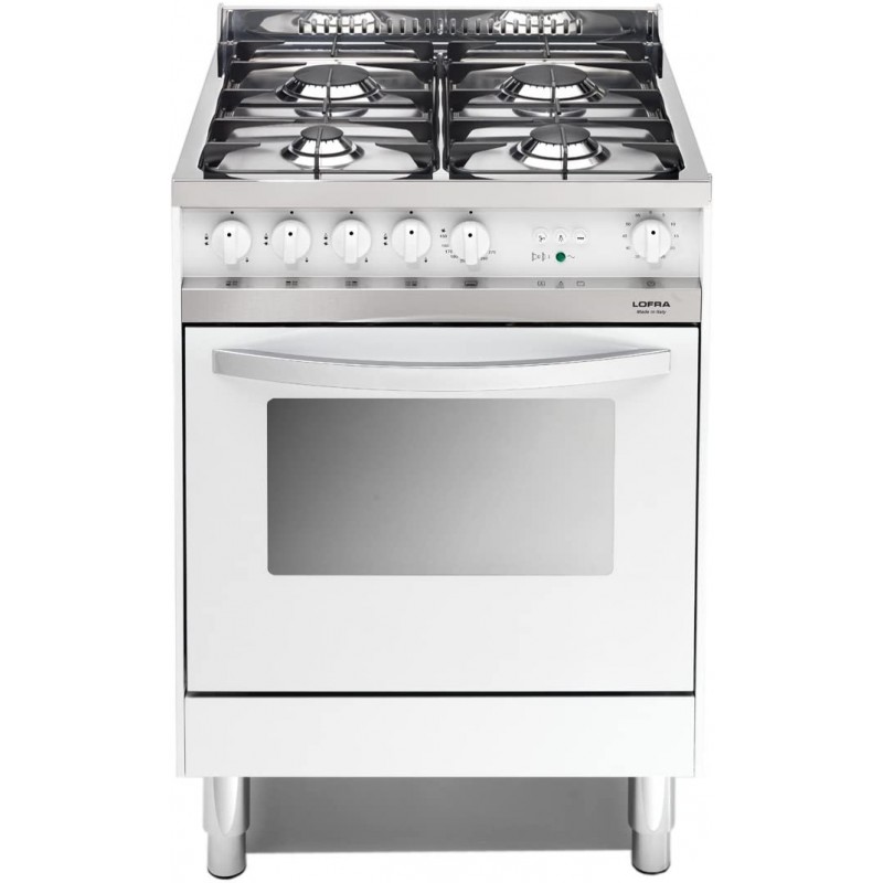 Lofra Mb66Gv Bianca 60X60 Cucina Con Piano In Acciaio Lucidato A Specchio - 4 Fuochi A Gas - Forno A Gas Ventilato Da 66 Lt