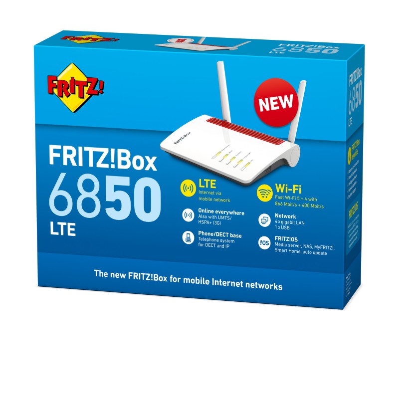 FRITZ!Box 6850 LTE router wireless Gigabit Ethernet Dual-band (2.4 GHz 5 GHz) 3G 4G Rosso, Bianco