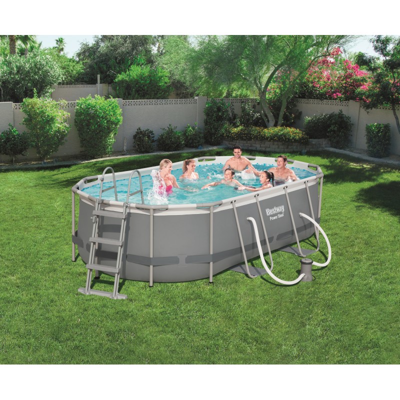 Bestway Power Steel Piscina Ovale mis 427x250xh100 cm - colore grigio - con pompa filtro e scaletta di sicurezza