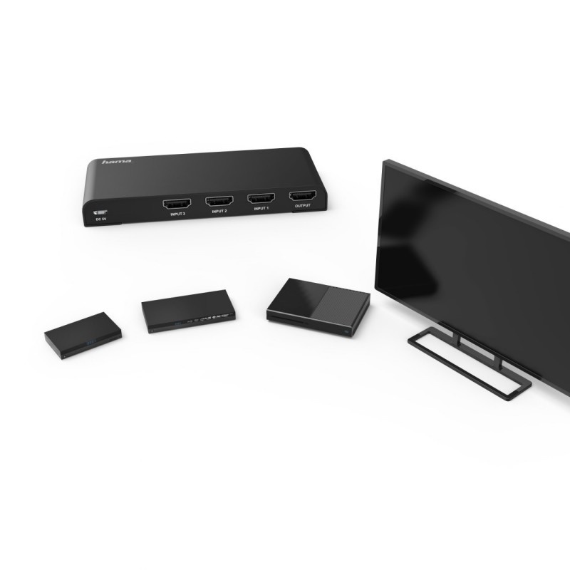Hama Switch HDMI 3 porte con telecomando, connettori dorati, 4k, nero