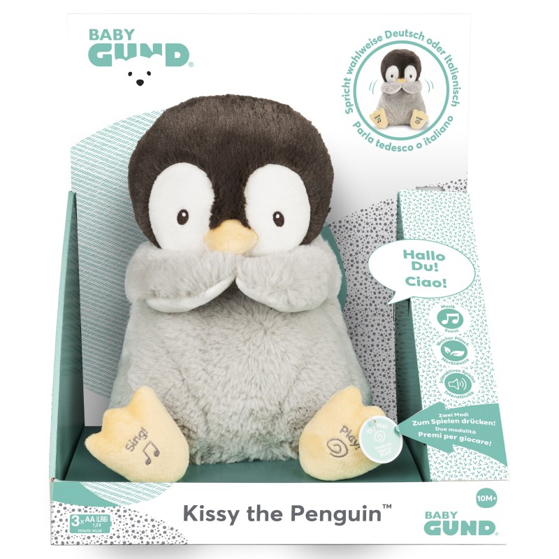 GUND - Kissy Pinguino Peluche Interattivo, Parla e Canta, Italiano e Tedesco, 30.5cm - dai 10 mesi