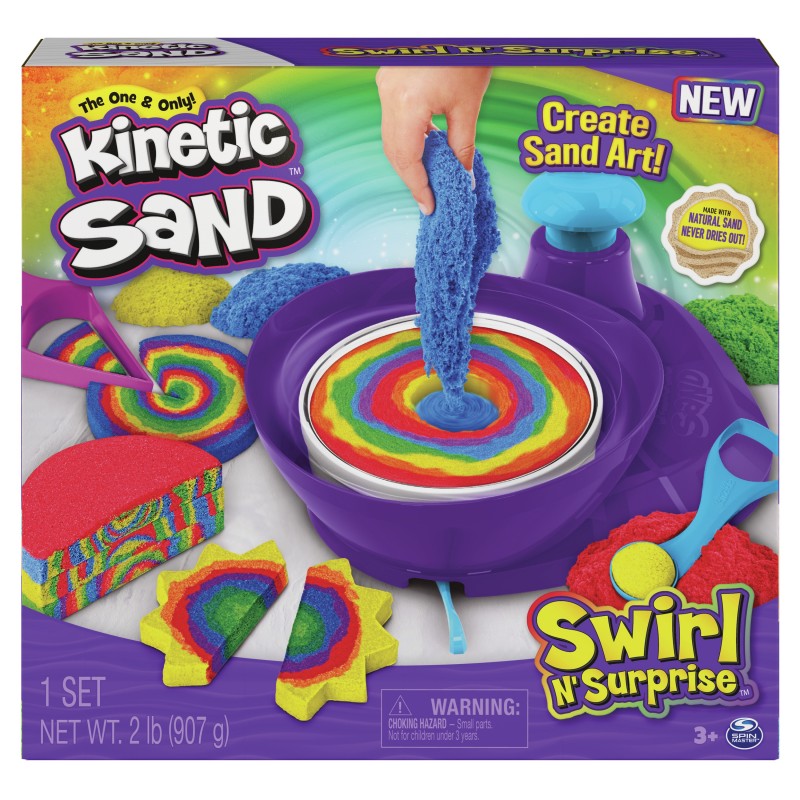 Kinetic Sand , Swirl N’ Surprise Playset with 2lbs of Play Sand, Including Red, Blue, Green, Yellow and 4 Tools, Sensory Toys