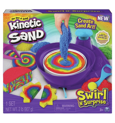 Kinetic Sand , Swirl N’ Surprise Playset with 2lbs of Play Sand, Including Red, Blue, Green, Yellow and 4 Tools, Sensory Toys