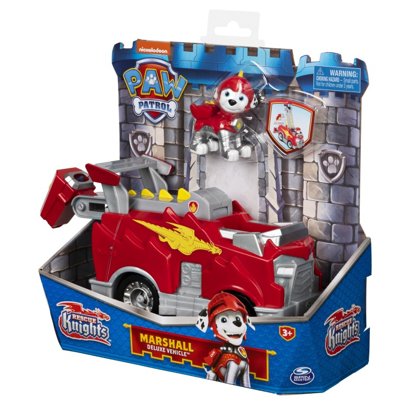 PAW Patrol Rescue Knights Marshall verwandelbares Spielzeugauto mit Actionfigur zum Sammeln