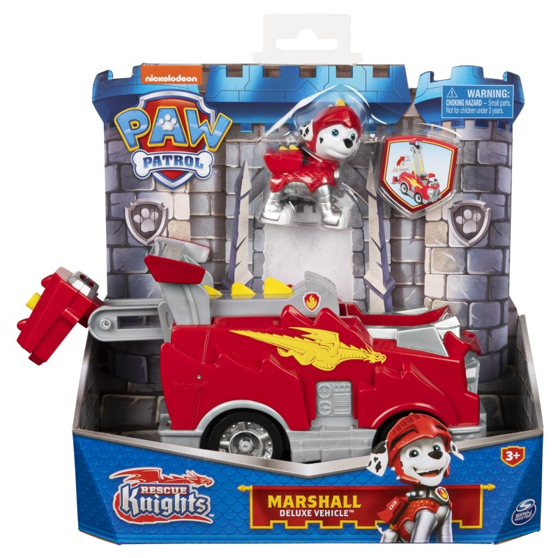 PAW Patrol Rescue Knights Marshall verwandelbares Spielzeugauto mit Actionfigur zum Sammeln