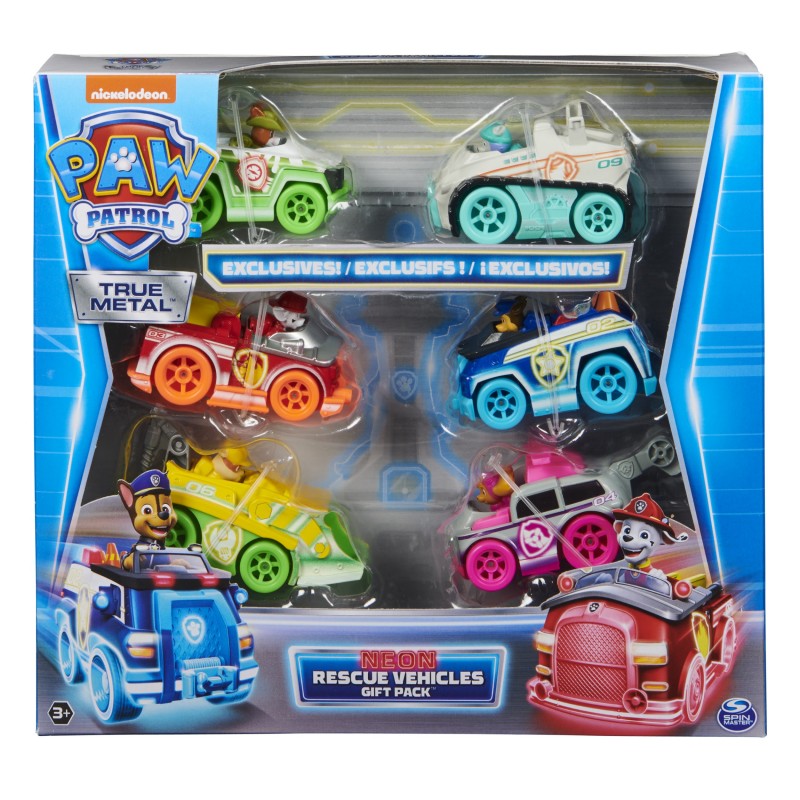 PAW Patrol , True Metal Neon Rescue Vehicle Gift Pack con 6 vehículos de juguete de metal coleccionables, a escala 1 55,
