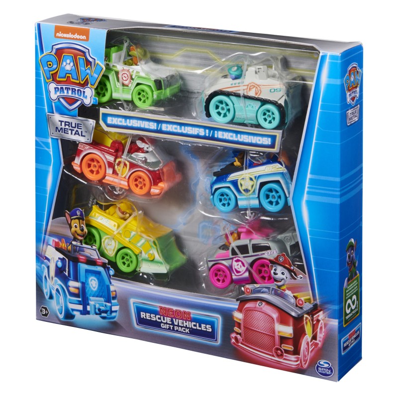 PAW Patrol , Confezione Regalo Macchinine Die-Cast Neon, 6 veicoli in metallo in scala 1 55 inclusi, Giochi per bambini dai 3