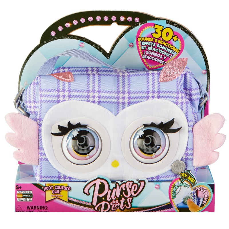 Purse Pets PRINT PERFECT - CHOUETTE - COMPAGNON INTERACTIF FORMAT SAC A MAIN - Chouette Animal Interactif Motif Ecossais Lila