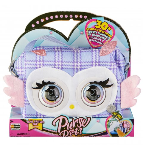 Purse Pets PRINT PERFECT - CHOUETTE - COMPAGNON INTERACTIF FORMAT SAC A MAIN - Chouette Animal Interactif Motif Ecossais Lila