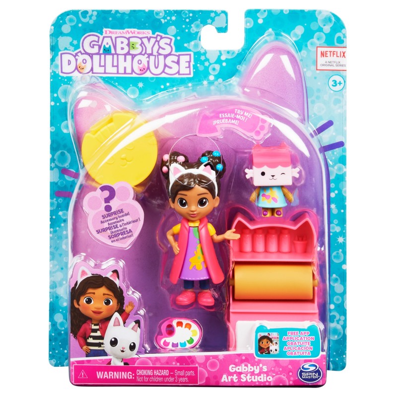 Gabby's Dollhouse Art Studio Set con 2 figuras de juguete, 2 accesorios, 1 caja sorpresa, 1 mueble, juguetes para niños y niñas