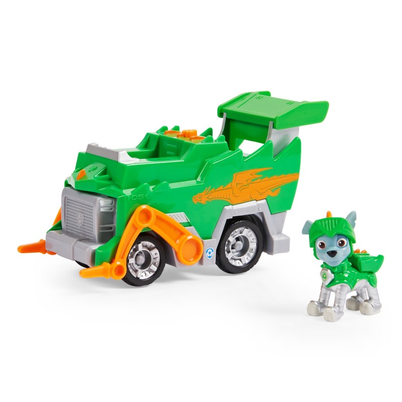 PAW Patrol Vehículo de juguete transformable de Rocky de Rescue Knights con figura de acción coleccionable