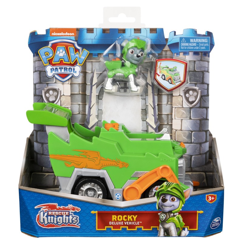 PAW Patrol Rescue Knights Rocky Transforming Toy Car with Collectible Action Figure
