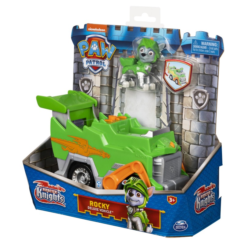 PAW Patrol Rescue Knights Rocky Transforming Toy Car with Collectible Action Figure