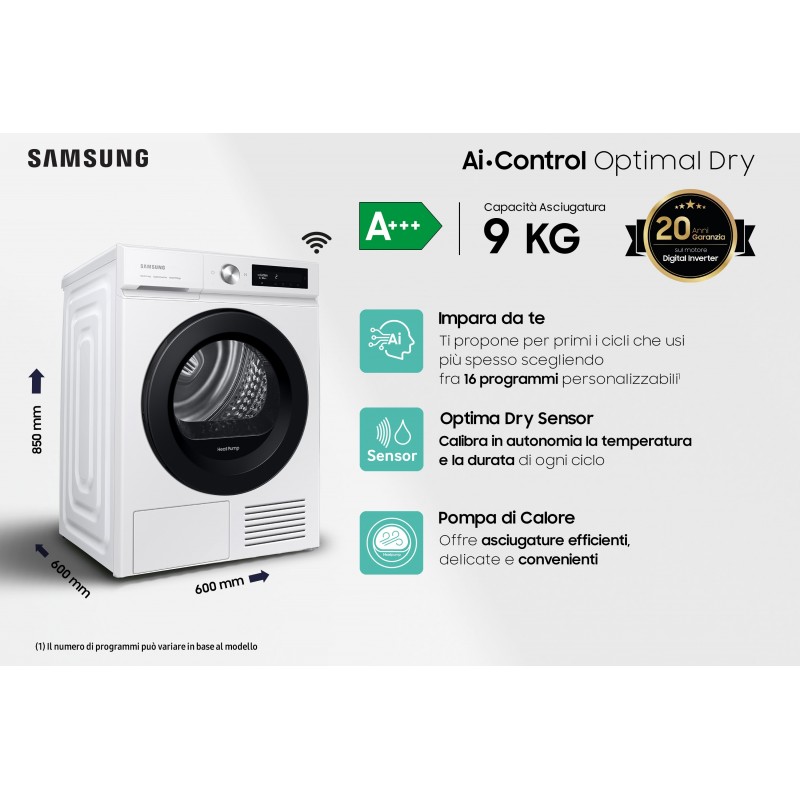 Samsung Asciugatrice AI Control Optimal dry 9Kg DV90BB5245AW