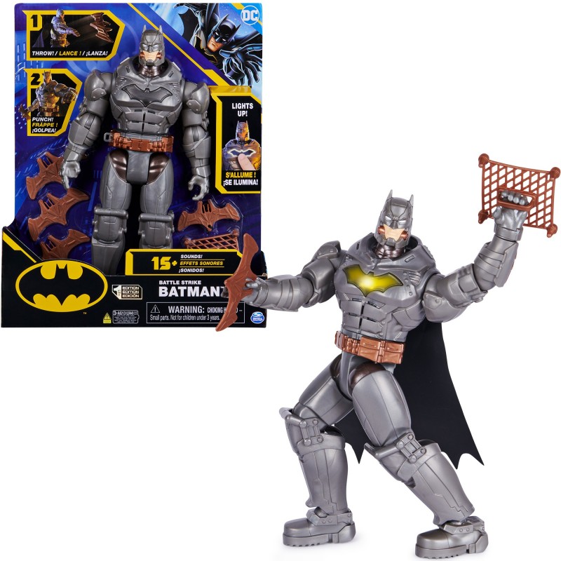 DC Comics , Battle Strike Batman, Figurine articulée Batman de 30 cm, 5 accessoires, plus de 20 effets sonores, jouets à