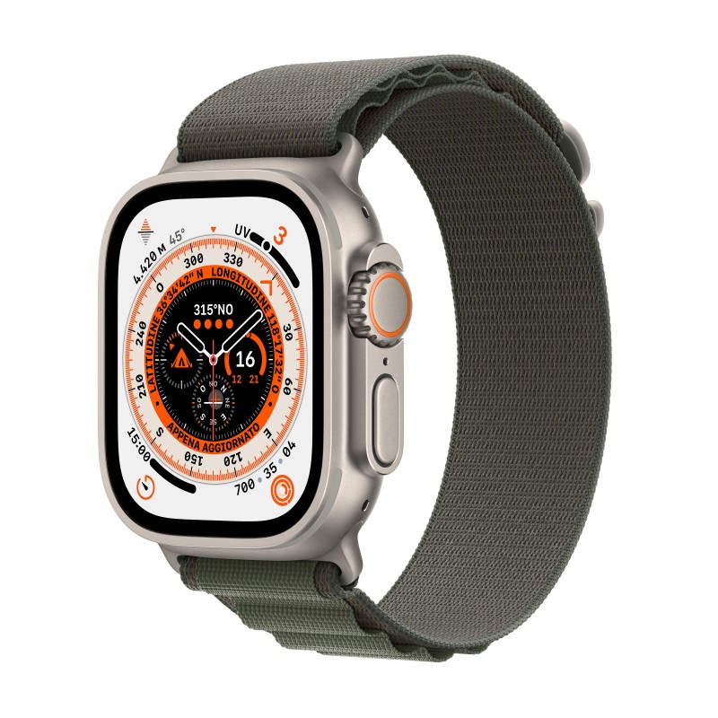 Apple Watch Ultra GPS + Cellular, 49mm Cassa in Titanio con Cinturino Alpine Loop Verde - Small Apple Watch Ultra GPS + Cellular, 49mm Cassa in Titanio con Cinturino Alpine Loop Verde - Small