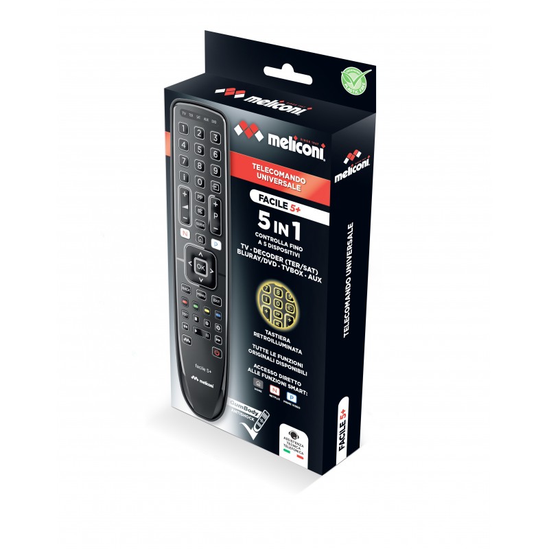 Meliconi Gumbody Facile 5+ mando a distancia DVD Blu-ray, Sistema de audio de uso doméstico, Sistema de cine en casa, Cielo,