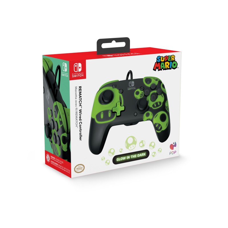 PDP 1-Up Glow in The Dark REMATCH Black, Green USB Gamepad Nintendo Switch, Nintendo Switch OLED