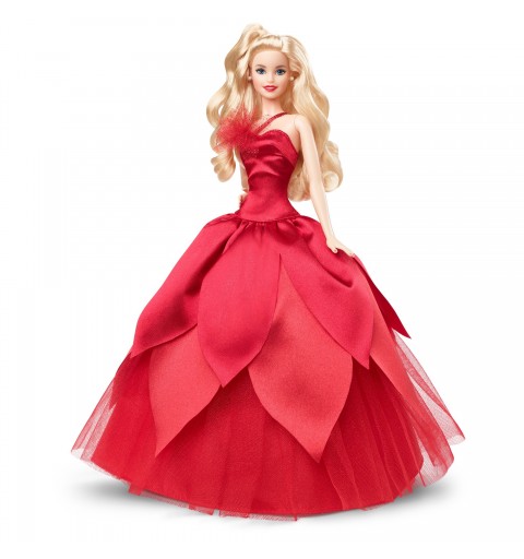 Barbie Signature Magia delle Feste 2022 bambola bionda, capelli ondulati, abito rosso con ampia gonna e orecchini pendenti, da
