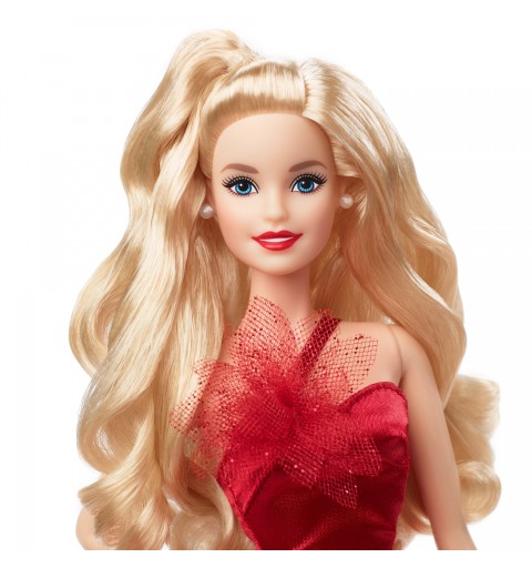Barbie Signature Magia delle Feste 2022 bambola bionda, capelli ondulati, abito rosso con ampia gonna e orecchini pendenti, da