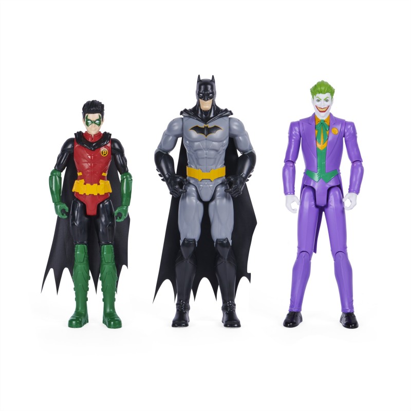 DC Comics Batman 30cm Figuren-Set aus Batman (Rebirth), Robin und Joker, inkl. Stoffumhang, original Comic-Design