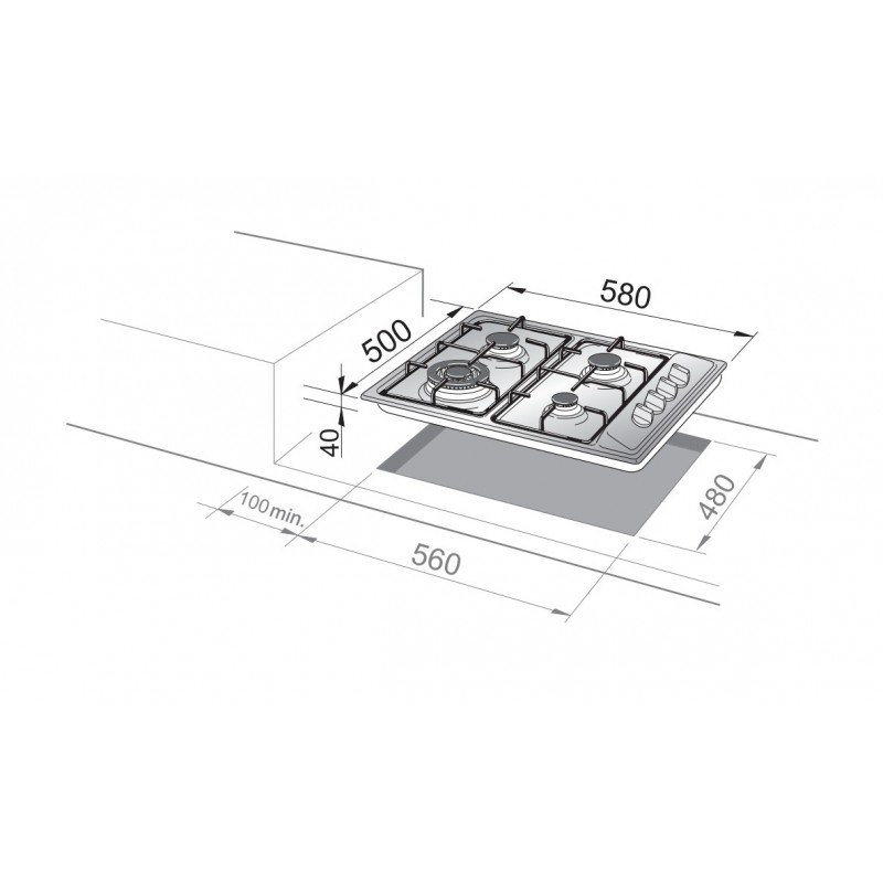 De’Longhi YAL 46 ASV plaque Acier inoxydable Intégré (placement) 58 cm Gaz 4 zone(s)