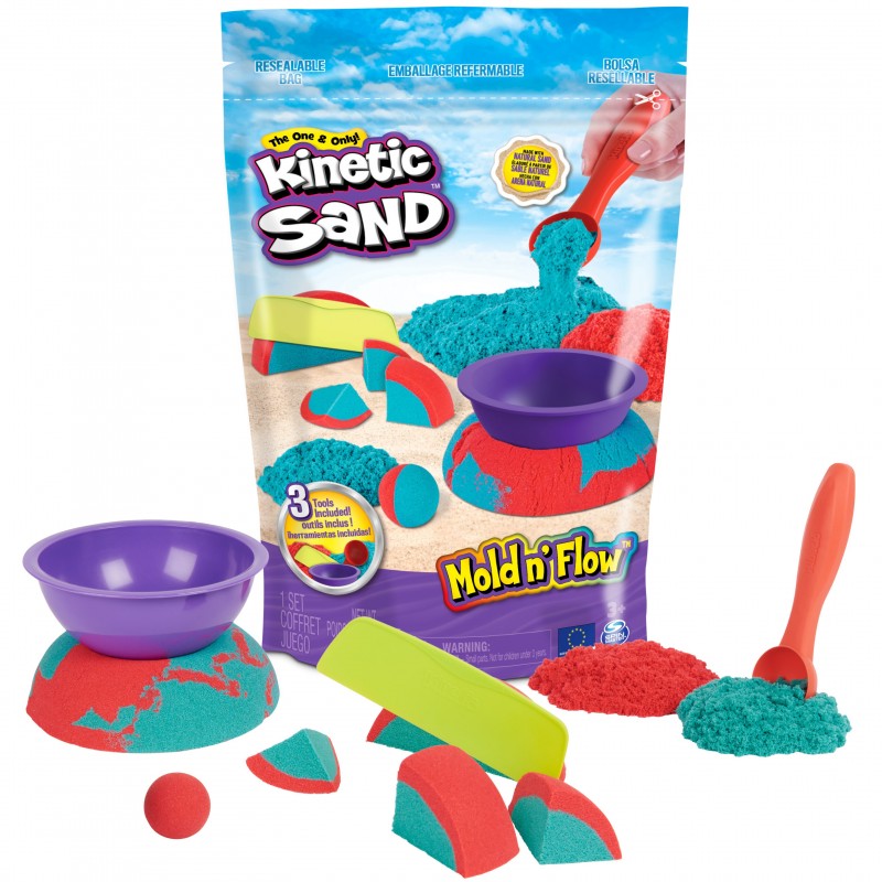 Kinetic Sand Mold n’ Flow de , 680 g de arena para jugar de color rojo y azul verdoso, 3 herramientas, juegos sensoriales para
