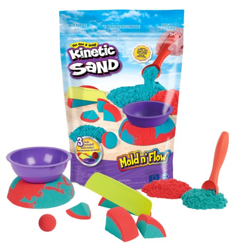 Kinetic Sand Mold n’ Flow, 680 g di sabbia da gioco rossa e verde acqua, 3 attrezzi sensoriali per bambini dai 3 anni in su