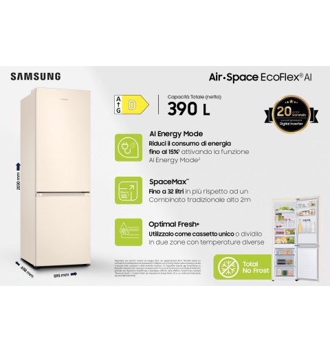 Samsung Frigorifero Combinato EcoFlex AI 2m 390L RB38C603DEL