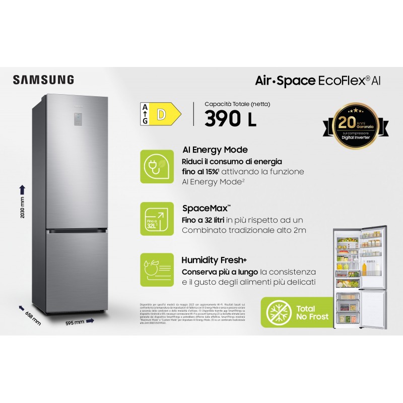 Samsung Frigorifero Combinato EcoFlex AI 2m 390L RB38C776DS9