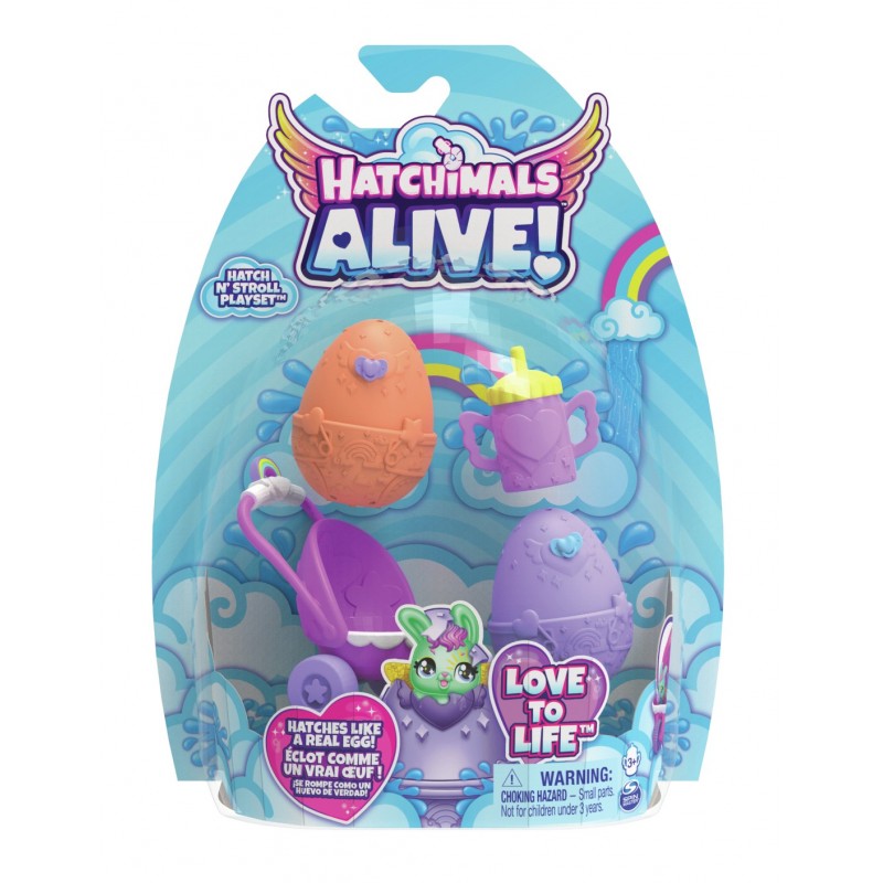 Hatchimals Alive, escenario Hatch N' Stroll con carrito de juguete y 2 minifiguras en huevos que se rompen solos, juguetes para