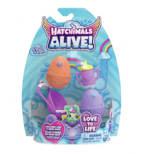 Hatchimals Alive, escenario Hatch N' Stroll con carrito de juguete y 2 minifiguras en huevos que se rompen solos, juguetes para