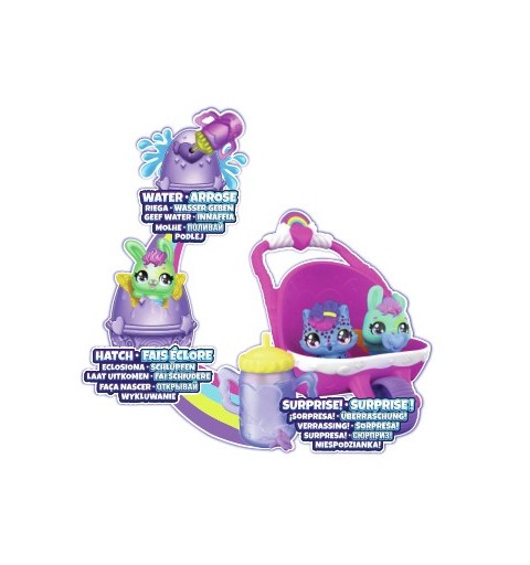 Hatchimals Alive, escenario Hatch N' Stroll con carrito de juguete y 2 minifiguras en huevos que se rompen solos, juguetes para