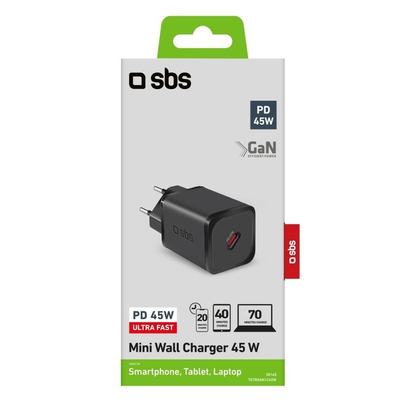SBS TETRGAN1C45W Ladegerät für Mobilgeräte Kopfhörer, Notebook, Smartphone, Smartwatch, Tablet Schwarz AC Schnellladung Indoor