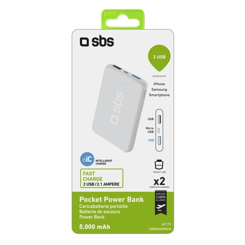 SBS Power bank Pocket 5.000 mAh - Ricarica rapida con porta USB 2.1A Intelligent Charge (IC)