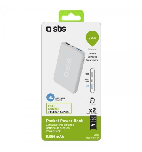 SBS Power bank Pocket 5.000 mAh - Ricarica rapida con porta USB 2.1A Intelligent Charge (IC)