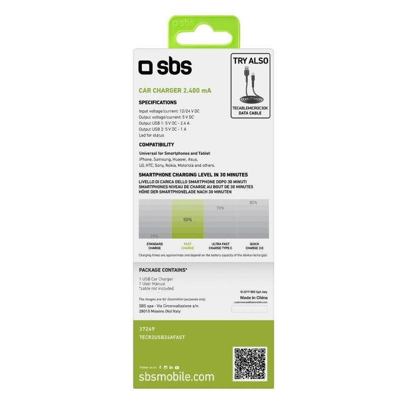 SBS TECR2USB24AFAST cargador de dispositivo móvil Universal Negro Encendedor de cigarrillos Auto