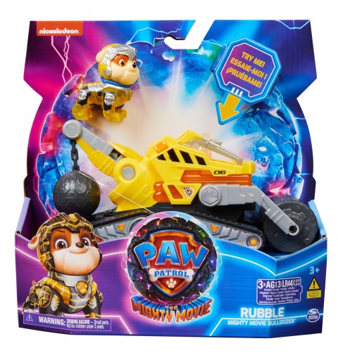 PAW Patrol La patrulla canina la Superpelícula, camión de construcción de juguete con figura de acción de Rubble de los Mighty