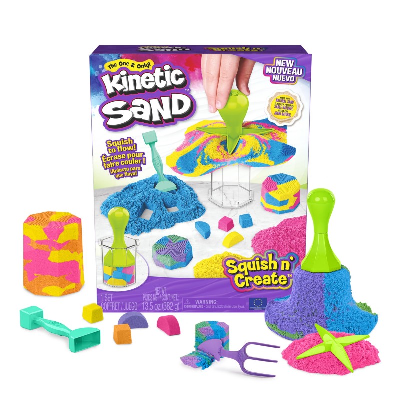 Kinetic Sand SABLE MAGIQUE - SQUISH N'CREATE 380 G + 5 MOULES - Créez Différentes Formes Hypnotisantes avec Ce Sable Magique Et