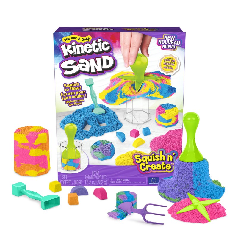 Kinetic Sand , Set Gioco Squish N’ Create, Sabbia colorata in 3 variazioni, Sabbia cinetica 382 g, 5 accessori per modellare la