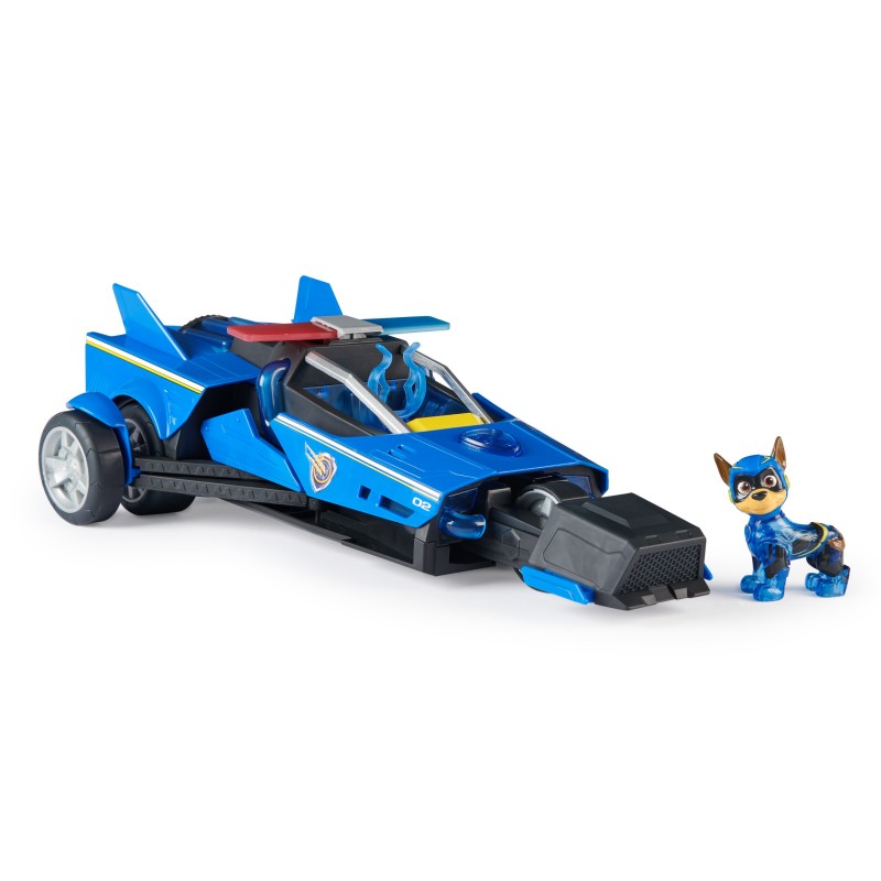 PAW Patrol La patrulla canina la superpelícula, Mighty Transforming Cruiser con figura de acción de Chase de los Mighty Pups,