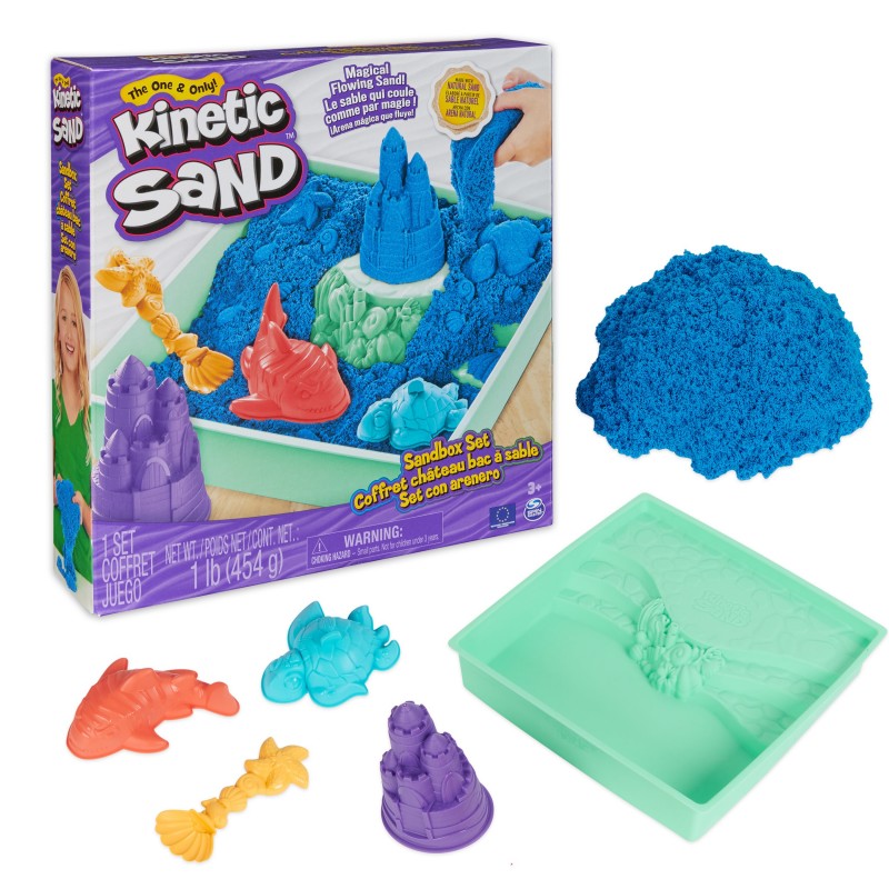 Kinetic Sand Juego de arenero de , 454 g de arena para jugar azul, almacenamiento en arenero, 4 moldes y herramientas, juguetes