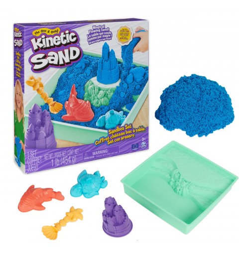 Kinetic Sand Juego de arenero de , 454 g de arena para jugar azul, almacenamiento en arenero, 4 moldes y herramientas, juguetes