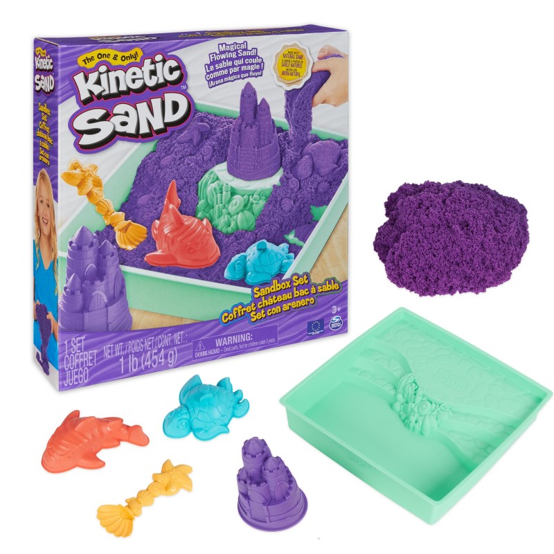 Kinetic Sand Juego de arenero de , 454 g de arena para jugar azul, almacenamiento en arenero, 4 moldes y herramientas, juguetes