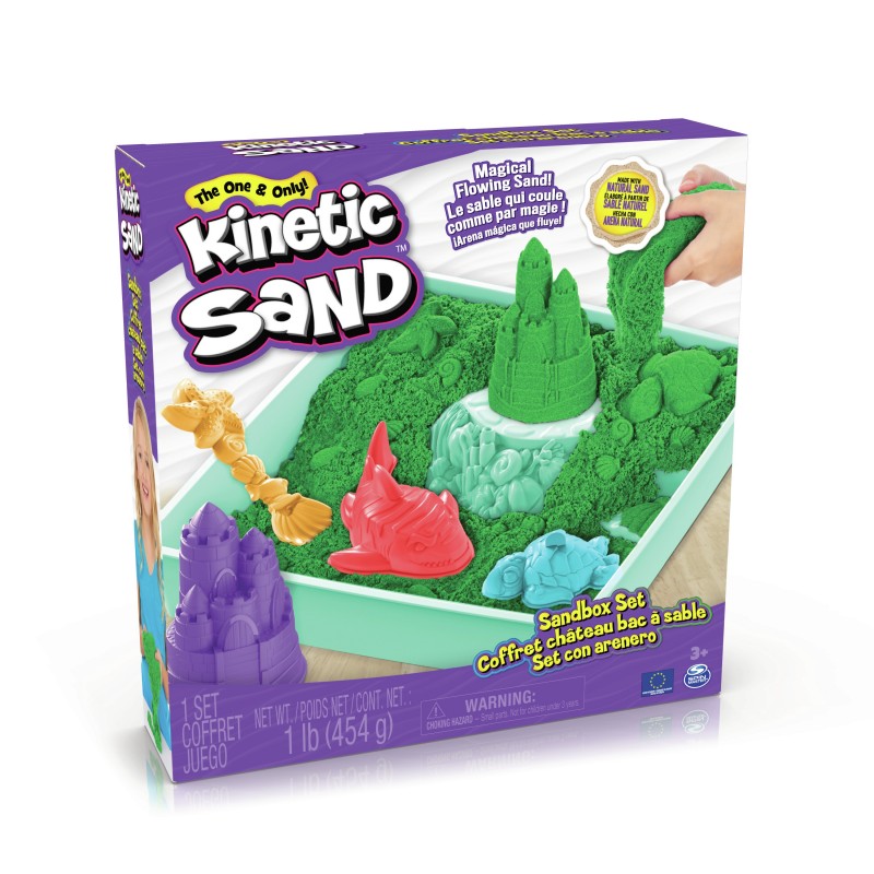 Kinetic Sand SABLE MAGIQUE - COFFRET CHÂTEAU BAC À SABLE 454 G + 4 ACCESSOIRES - Sculptez à l'Infini ce Sable à Modeler comme