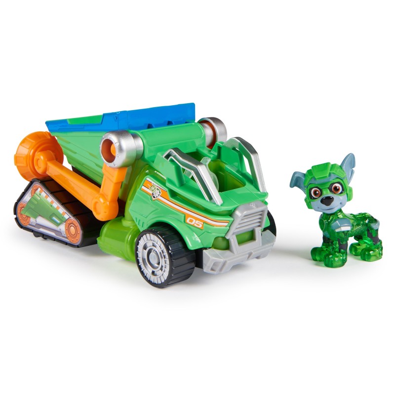 PAW Patrol Der Mighty Kinofilm, Superhelden-Basis-Fahrzeug von Rocky mit Welpenfigur, Mülltransporter mit Licht- und