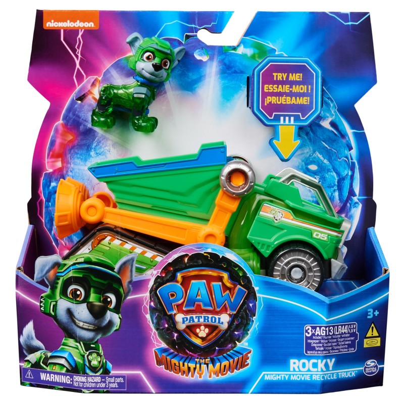PAW Patrol Der Mighty Kinofilm, Superhelden-Basis-Fahrzeug von Rocky mit Welpenfigur, Mülltransporter mit Licht- und