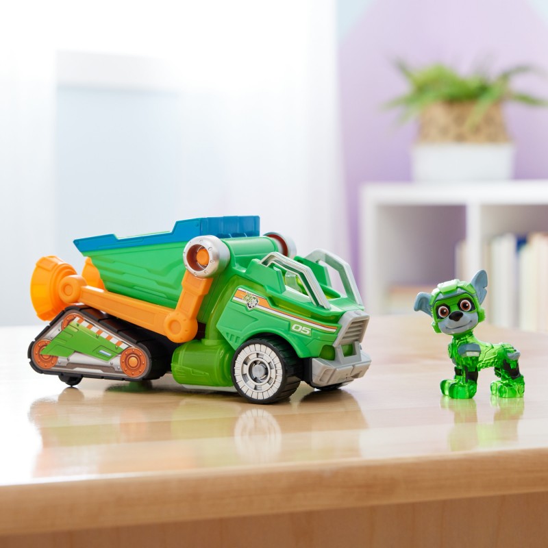 PAW Patrol Der Mighty Kinofilm, Superhelden-Basis-Fahrzeug von Rocky mit Welpenfigur, Mülltransporter mit Licht- und